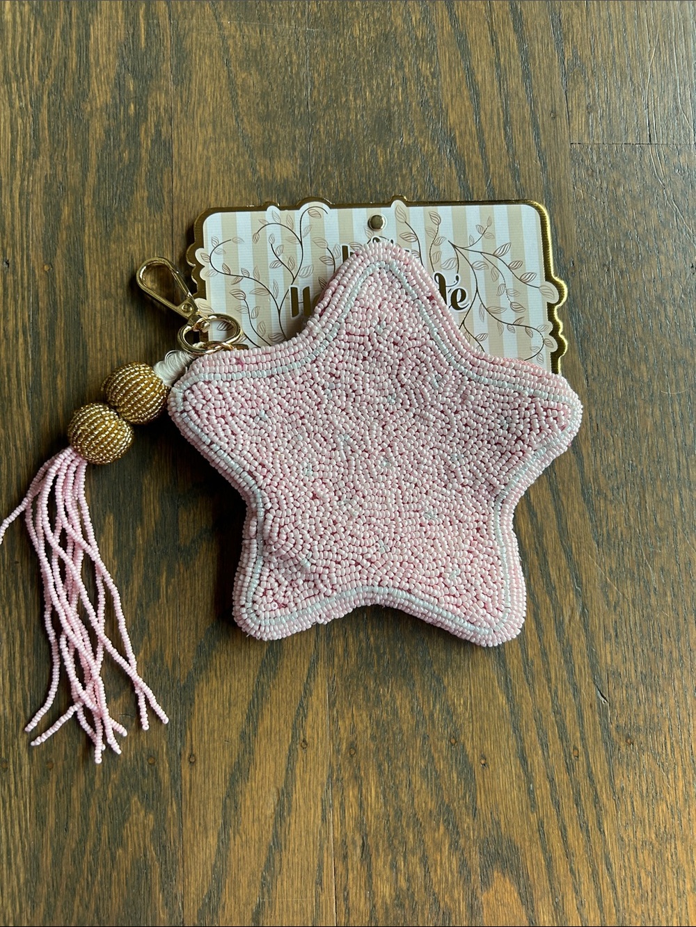 Beaded Pink Star Keychain Pouch with Tassel